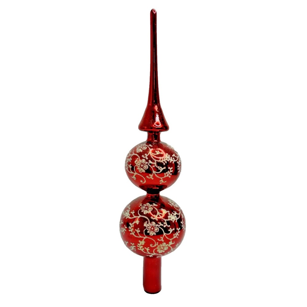 VTG Krebs Red Tree Topper Finial Blown Glass Gold Glitter Ornament Ornate Flower
